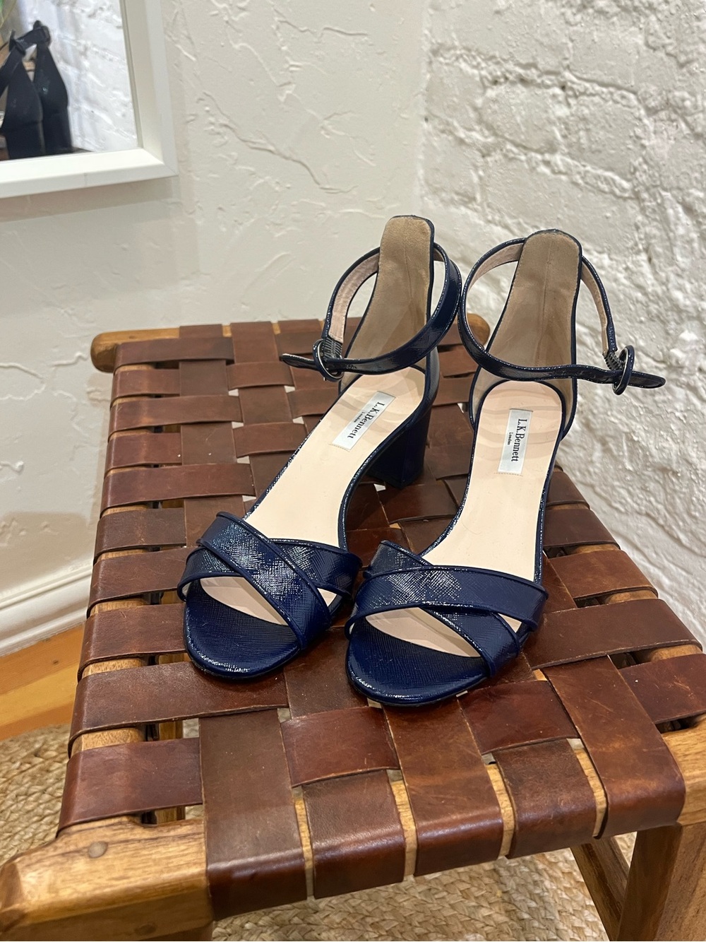 L.K Bennett Sandals ANIKI Navy Patent Leather Block Heel